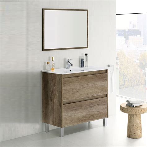 Mueble de Baño barato con espejo y lavabo color roble oscuro