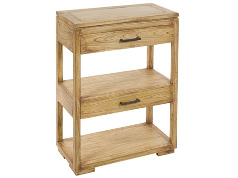 Mueble estrecho de madera natural con cajones y estantes