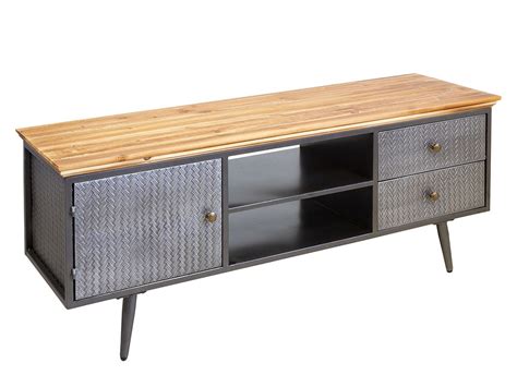 Mueble TV bajo industrial hierro y madera estantes y cajones