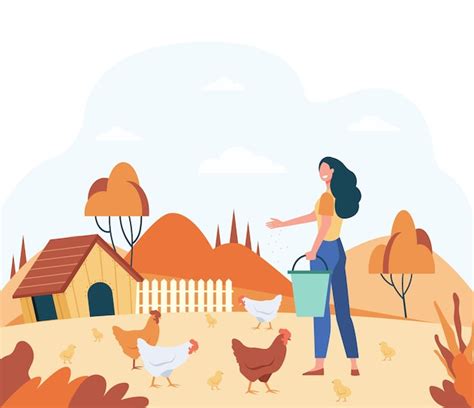 Mujer feliz alimentando aves domésticas ilustración vectorial plana ...