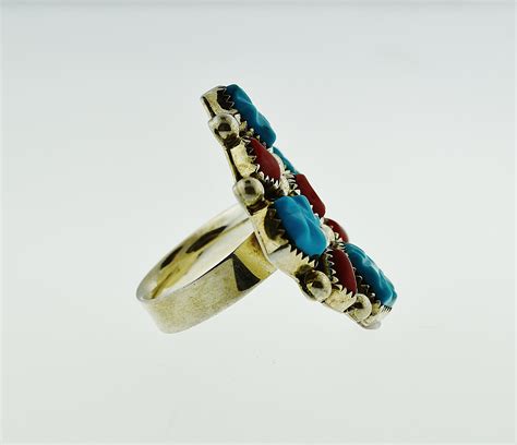 Navajo Betty Bitsie Running Bear Sterling Silver Turquoise Coral Ring ...