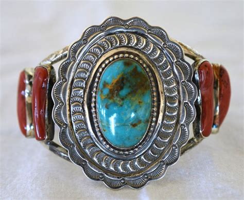 NAVAJO STERLING SILVER CONCHO TURQUOISE AND CORAL HEAVY CUFF ~ RUNNING ...