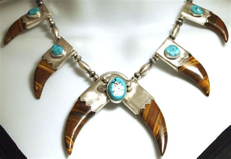 Navajo Tiger s Eye & Turquoise Sterling Silver Necklace   Running Bear