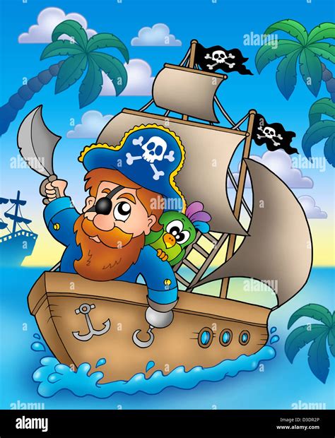 Navegar en barco pirata de dibujos animados   ilustración ...