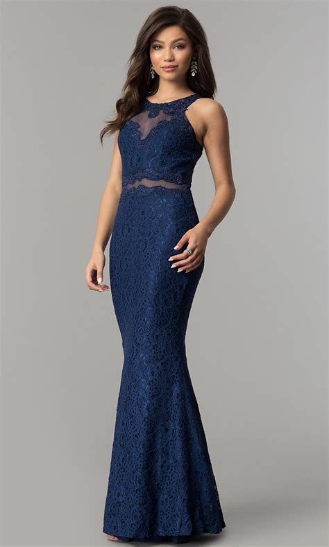 Navy Blue Lace Prom Dress with Sheer Waist   PromGirl