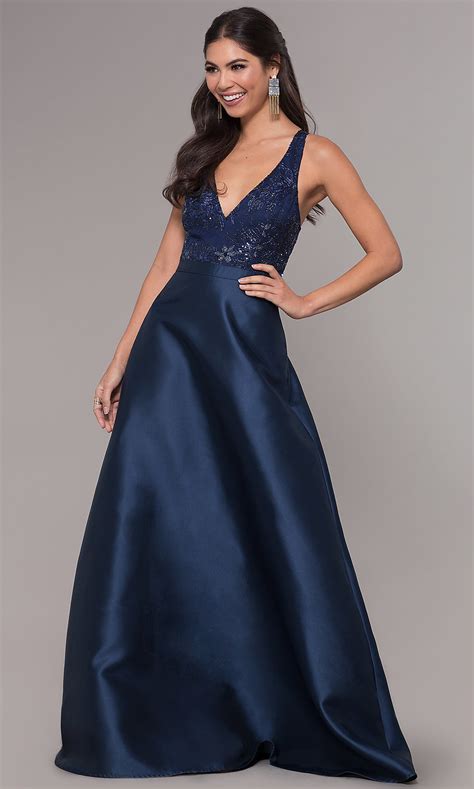 Navy Blue Satin V Neck A Line Formal Long Prom Dress
