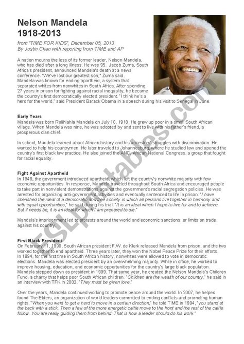 Nelson Mandela : a biography   ESL worksheet by MarionMG