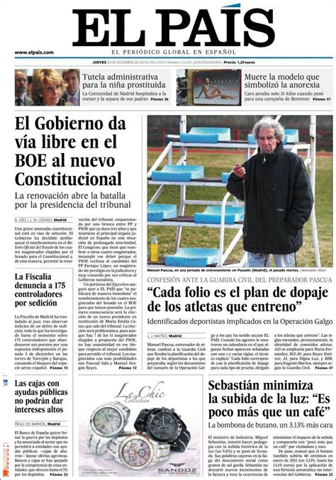 Newspaper El País  Spain . Front pages from newspapers in ...