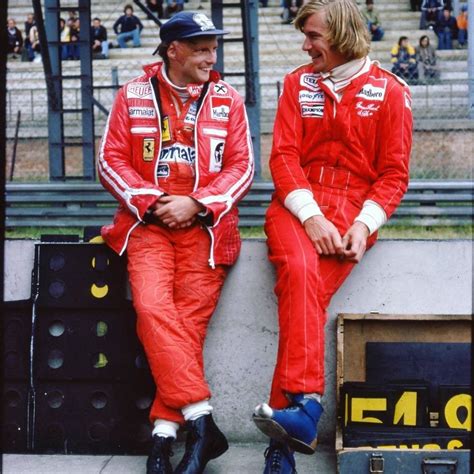 Niki Lauda and James Hunt share a laugh at the1976 Belgian ...