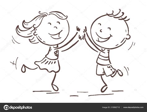 Niño y niña saltando con alegría, vector de dibujos ...