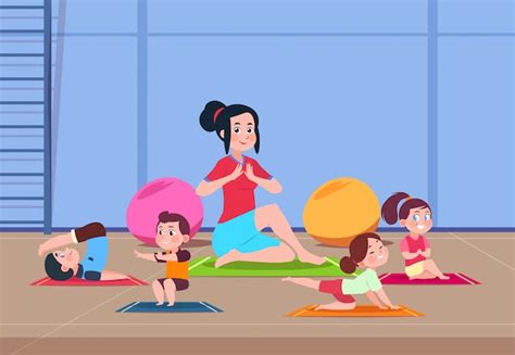 Niños de dibujos animados con instructor haciendo ejercicios de yoga en ...