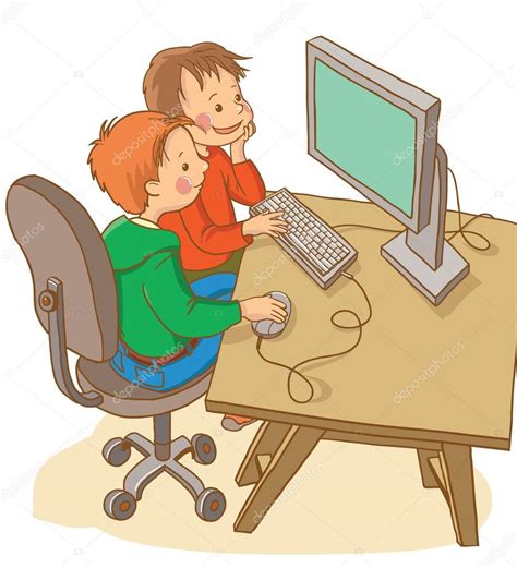 Niños estudiando con el ordenador — Vector de stock ...