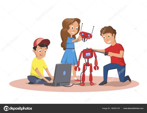 Niños felices creando y programando un robot. Club de ...