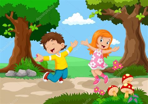 Niños y niñas saltando de alegría en un hermoso jardín ...