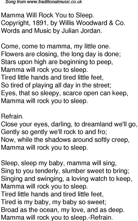 Old Time Song Lyrics for 33 Mamma Will Rock You To Sleep