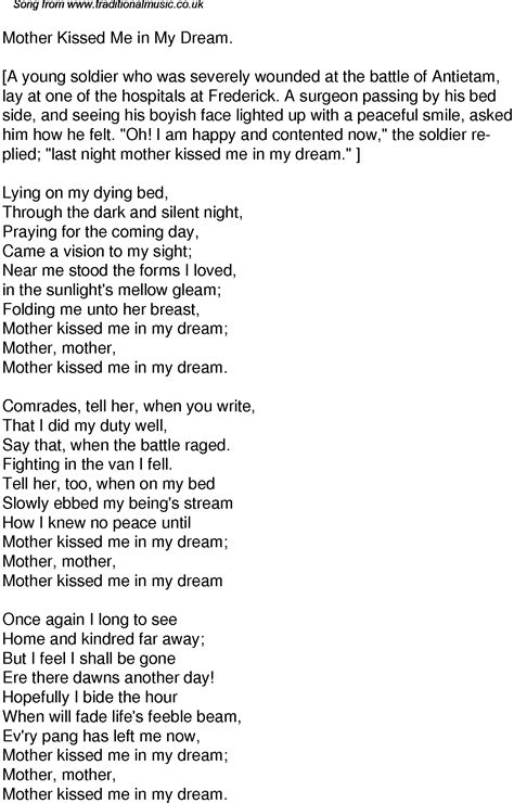 Old Time Song Lyrics for 59 Mother Kissed Me In My Dream
