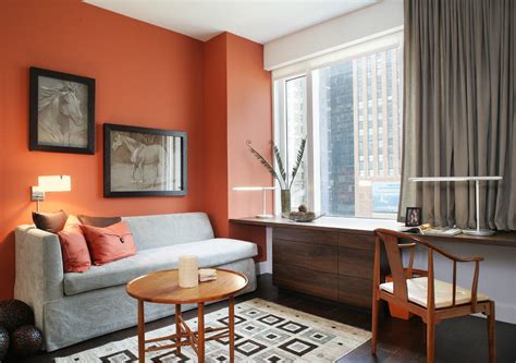 orange accent wall home office contemporary with horse art ...