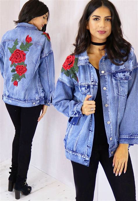 Oversized Boyfriend Denim Jacket with 3D Embroidered Rose ...