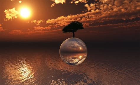 Paisagem 3d com árvore em uma esfera de vidro que flutua acima da se ...