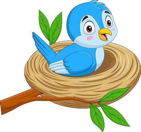 Pájaro azul de dibujos animados sentado en un nido | Vector Premium