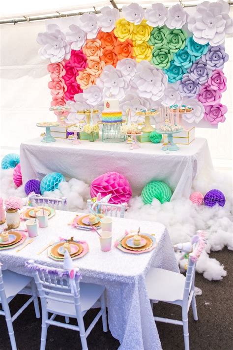 Party tables + cloud decor from a Magical Unicorn Birthday ...