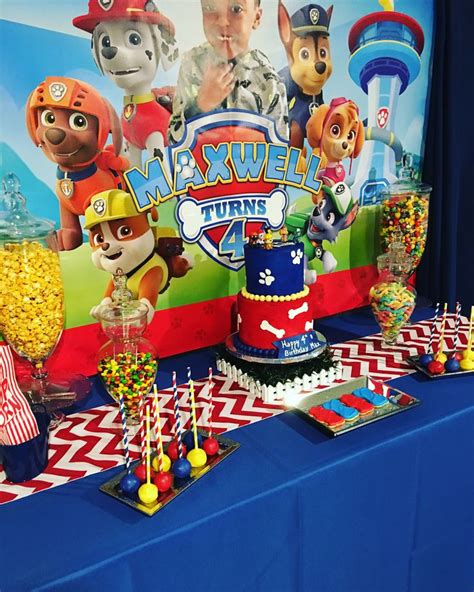 Paw Patrol themed sweets table with custom backdrop. | Paw patrol ...