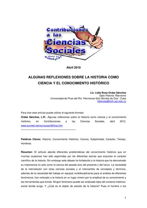 PDF  ALGUNAS REFLEXIONES SOBRE LA HISTORIA COMO CIENCIA Y EL ...