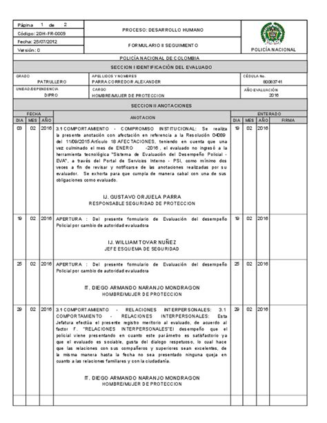 PDF  Página FORMULARIO II SEGUIMIENTO Versión: 0 POLICÍA ...