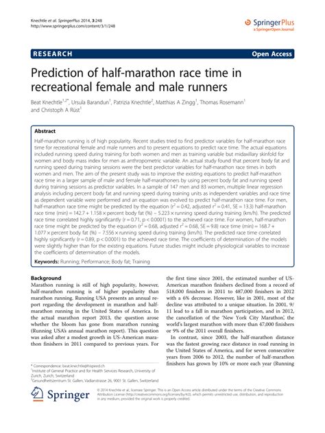 PDF  Prediction of half marathon race time in ...