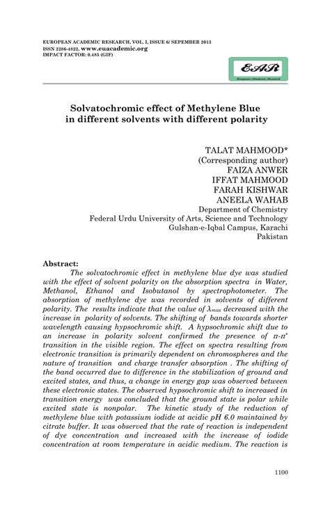 PDF  Solvatochromic effect of Methylene Blue in different ...