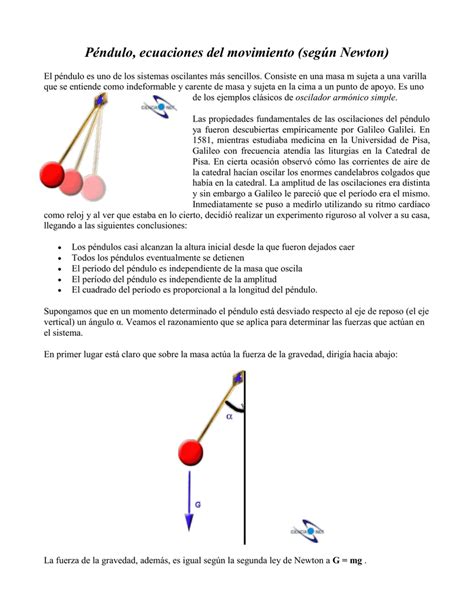 Péndulo, ecuaciones del movimiento  según Newton