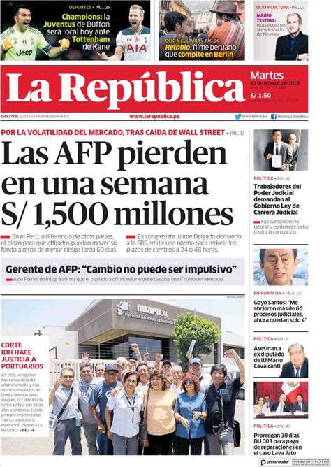 Periódico La Republica  Perú . Periódicos de Perú. Edición de martes ...