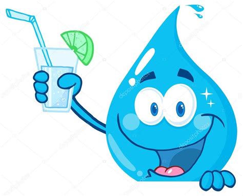 Personaje de dibujos animados de gota de agua feliz sosteniendo un vaso ...