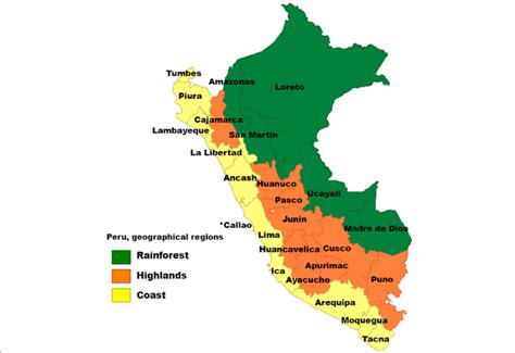 Peru geographical areas by provinces and regions. The asterisk denotes ...