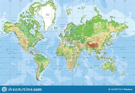 Physical World Map In Mercator Projection. Stock Vector ...