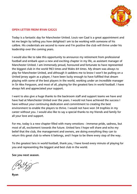 PICTURE: Ryan Giggs  open letter to Manchester United fans ...