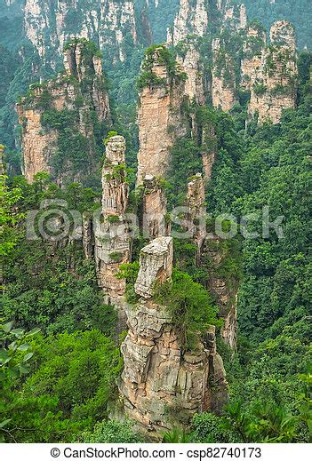 Piedra, pilares, tianzi, montañas, zhangjiajie. Famoso, vista, piedra ...