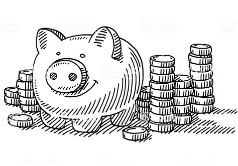 Piggy Bank Stacks Of Coins Savings Drawing Stock Vector ...