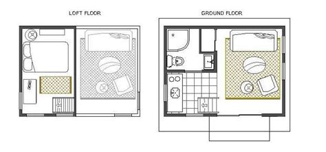 Plano de cabaña muy pequeña tipo loft de piso y medio