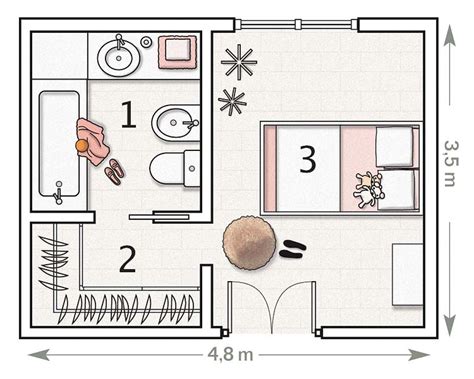 Plano de un dormitorio de niña con baño incorporado ...