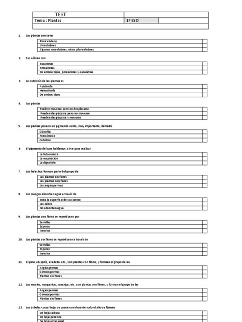 PLANTAS. 1º ESO. Fluna. Examen