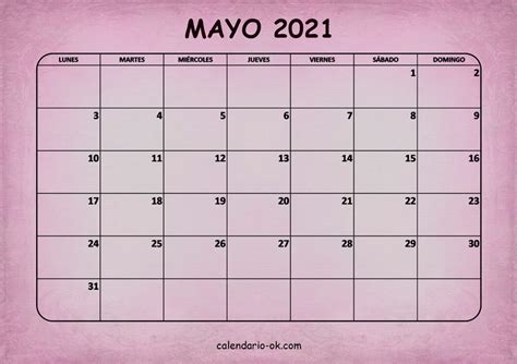 Plantilla Calendario 【MAYO 2021】 para IMPRIMIR PDF