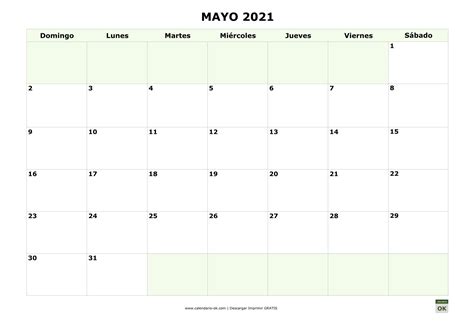 Plantilla Calendario 【MAYO 2021】 para IMPRIMIR PDF