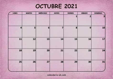 Plantilla Calendario 【OCTUBRE 2021】 para IMPRIMIR PDF