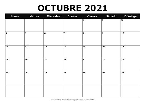 Plantilla Calendario 【OCTUBRE 2021】 para IMPRIMIR PDF