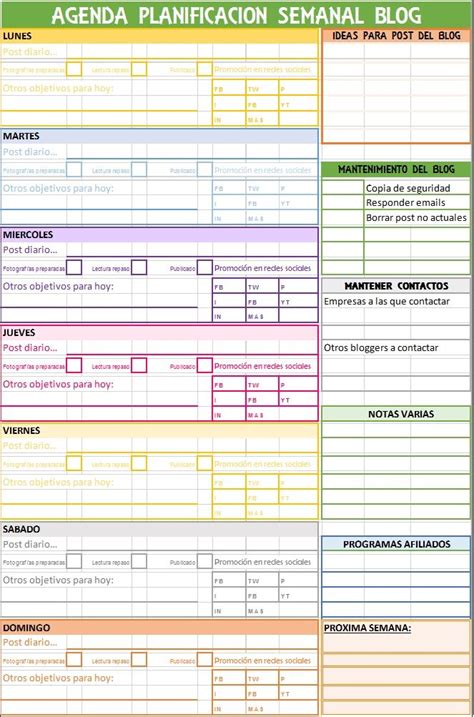 Plantilla Excel agenda semanal blog | Excel Hojas de ...