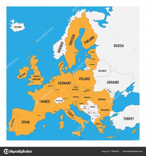 Political map of Europe with white land and yellow ...