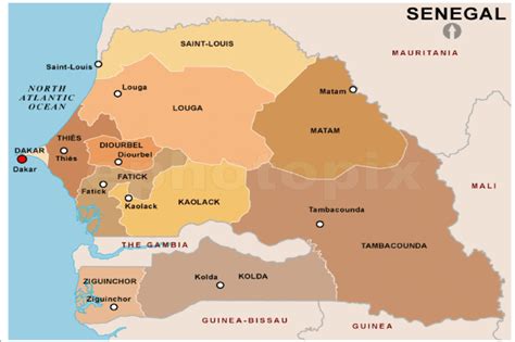 Political map of Senegal showing 11 administrative region ...