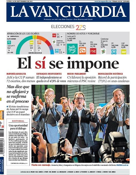 Portada de La Vanguardia del lunes 28 de septiembre de 2015