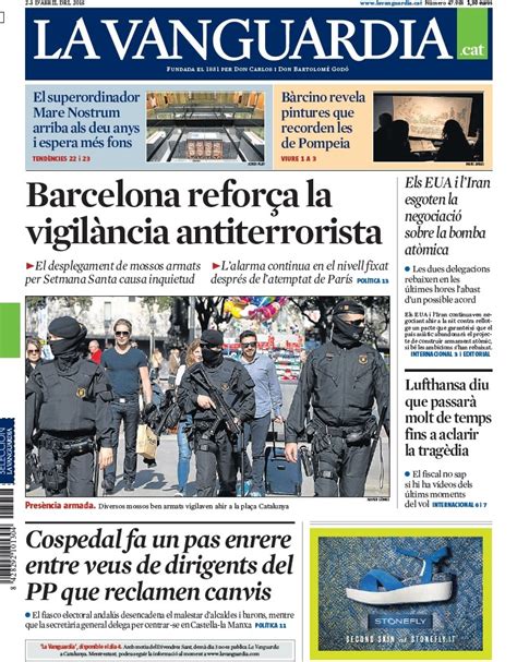 Portada de La Vanguardia en català del dijous 2 d abril de 2015